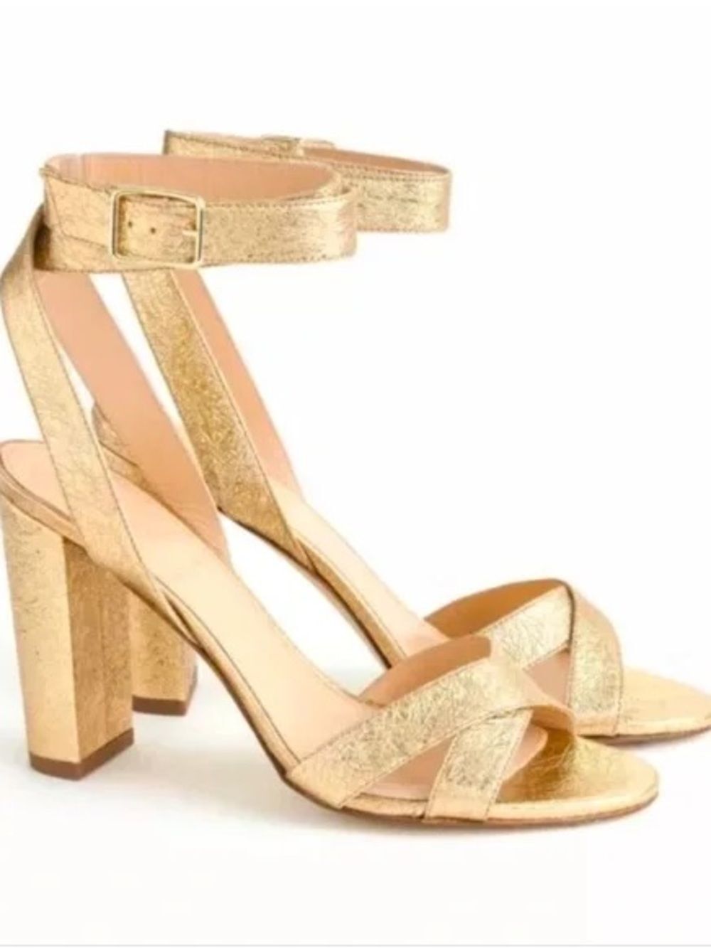 J. Crew Metallic Gold Block Heel Ankle-Strap Sandals